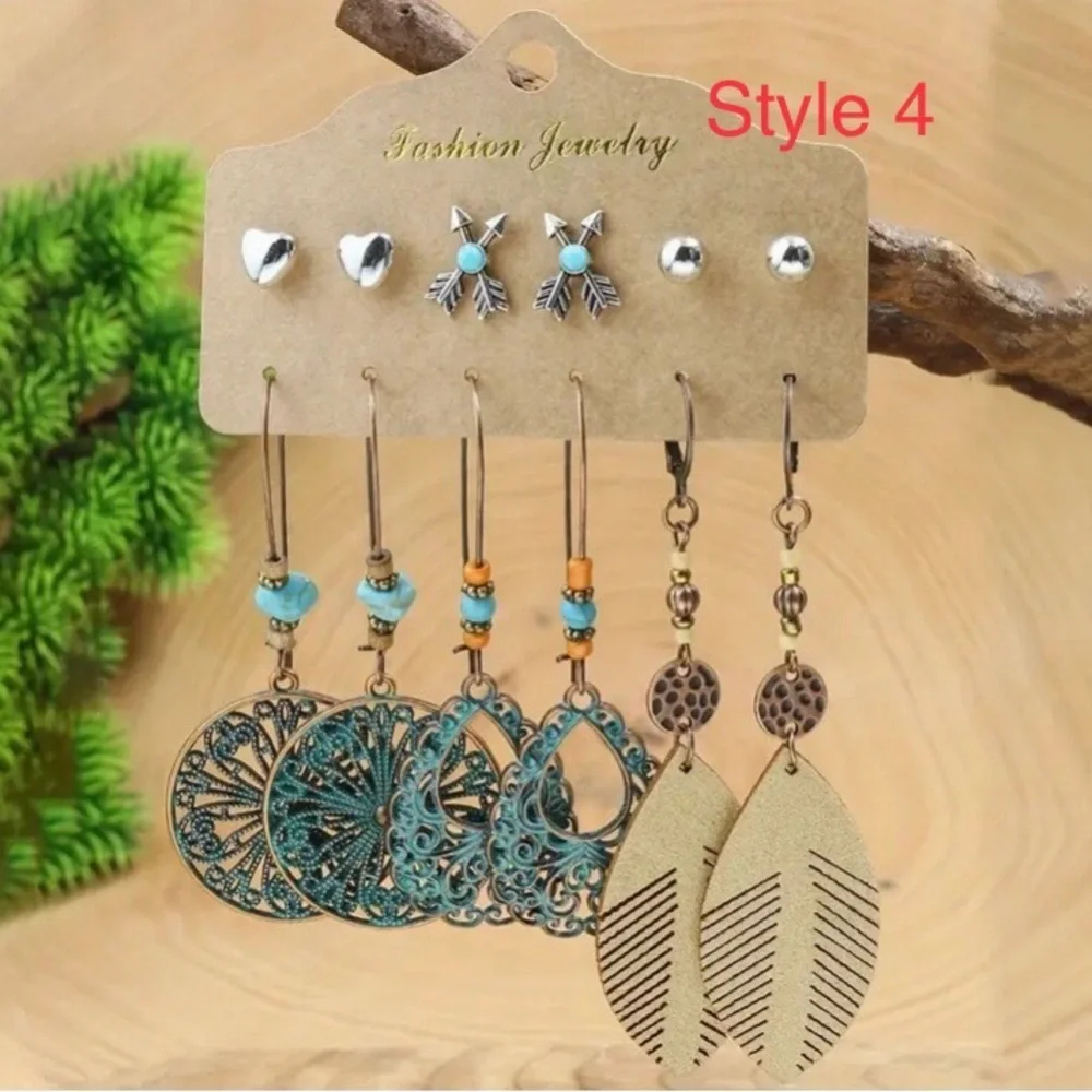 NWOT 6-Pairs Fashion Boho Bronze Silver Beaded Metal Dangle & Stud Earring Set
